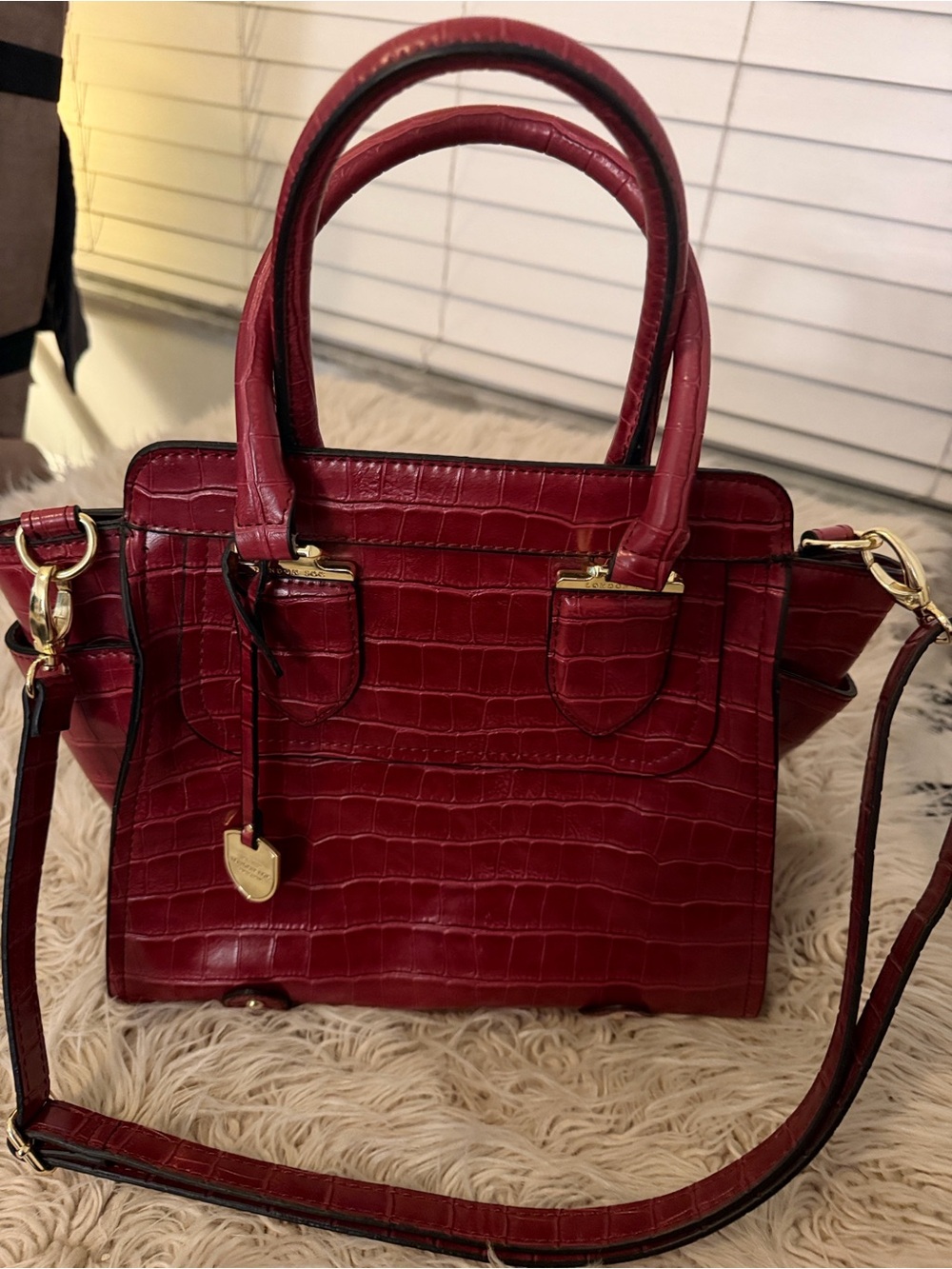 London Fog Red Croc-Embossed Satchel with Gold Hardware